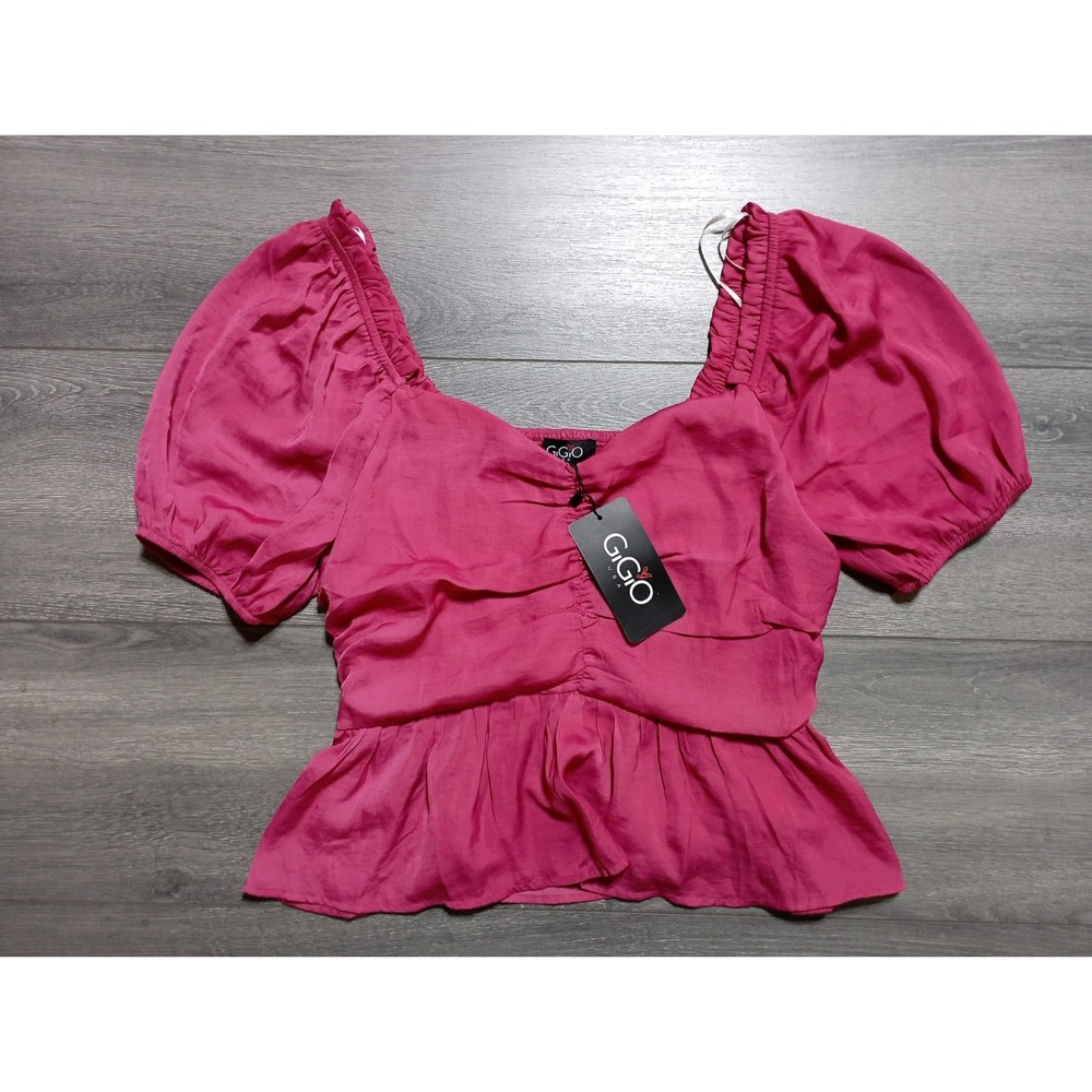 Gigio Satin Blouse Adult Small Pink Puff Sleeve Peplum Sweetheart Womens